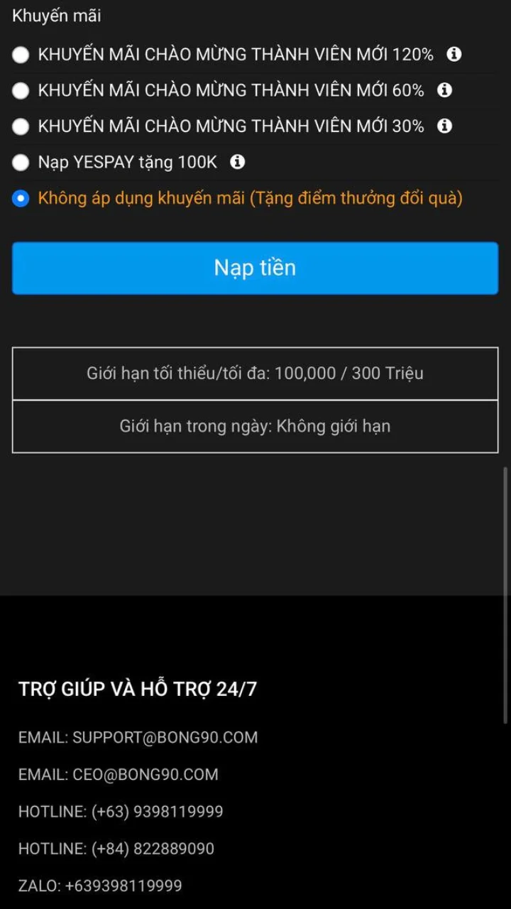Áp dụng khuyến mãi - Nạp tiền Bong90