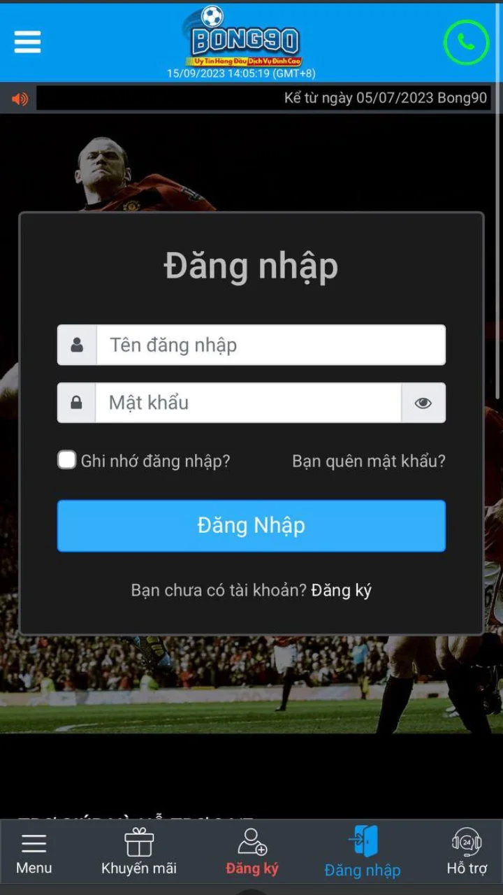 Nhập thông tin đăng nhập - Nạp tiền Bong90